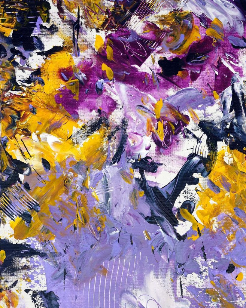 An abstract expressionist painting, in landscape orientation, with ribbons and billows of purple, yellow, black, and white. Textured layers form with scratches to give depth and dimension. 