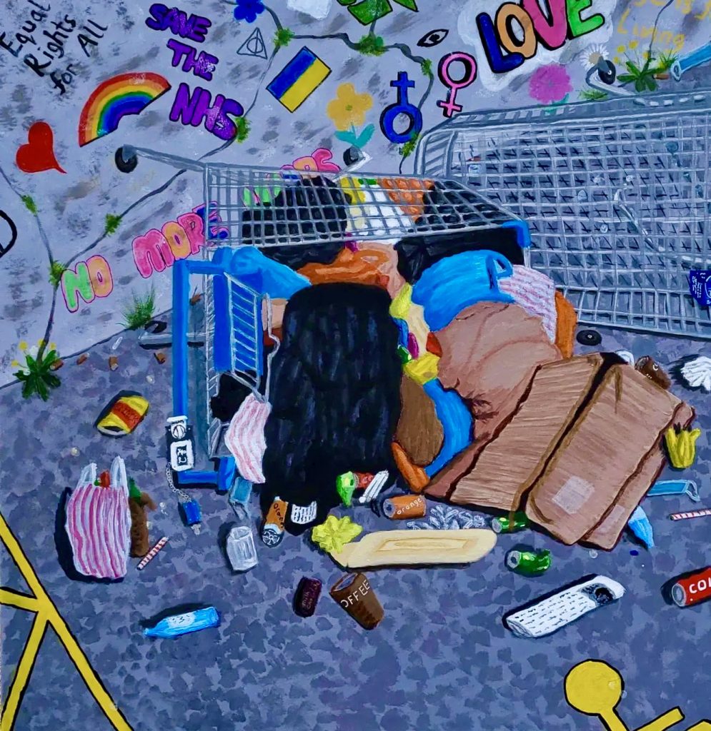 Painting of two shopping trolleys tipped over spilling what appears to be a homeless person's belongings across the floor, surrounded by rubbish, including cans, food waste, and facemasks, in front of a graffitied wall which reads 'save the nhs', 'peace', 'love' and 'equality for all' 