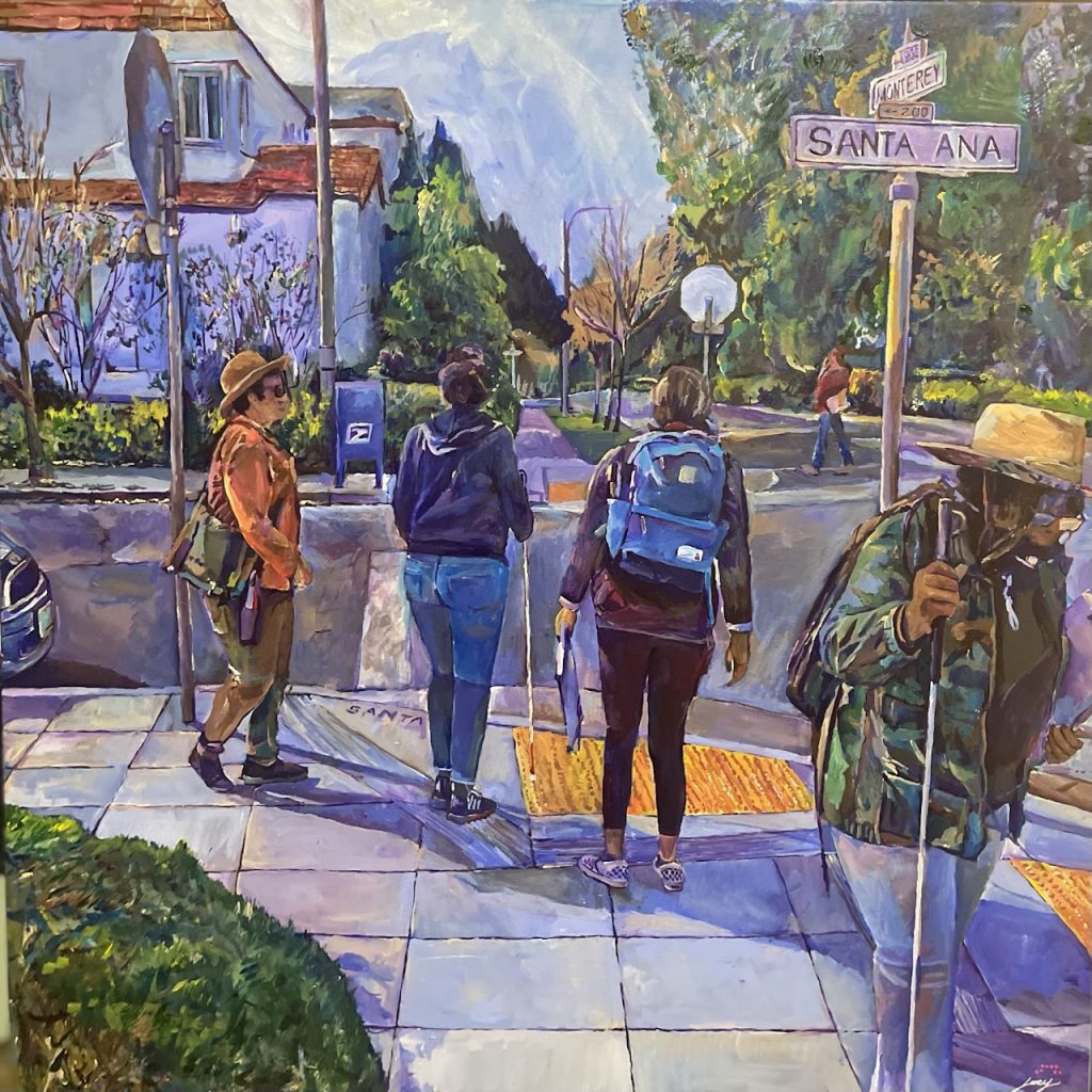  A painting of four figures standing at the corner of a sidewalk in a residential neighbourhood.